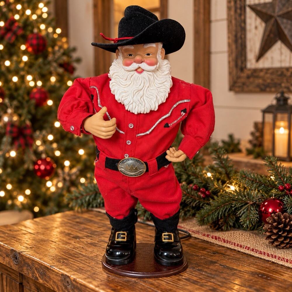 Holly Jolly Rock Santa Animated Musical Dancing Cowboy Christmas Working Box